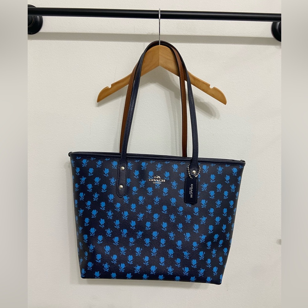 NEVER USED! Coach Women’s Blue & Black Floral Print Tote Bag